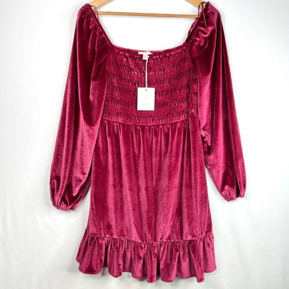 NWT LC Lauren Conrad Wine Chalet Smocked Velvet Dress XS - Picture 1 of 10